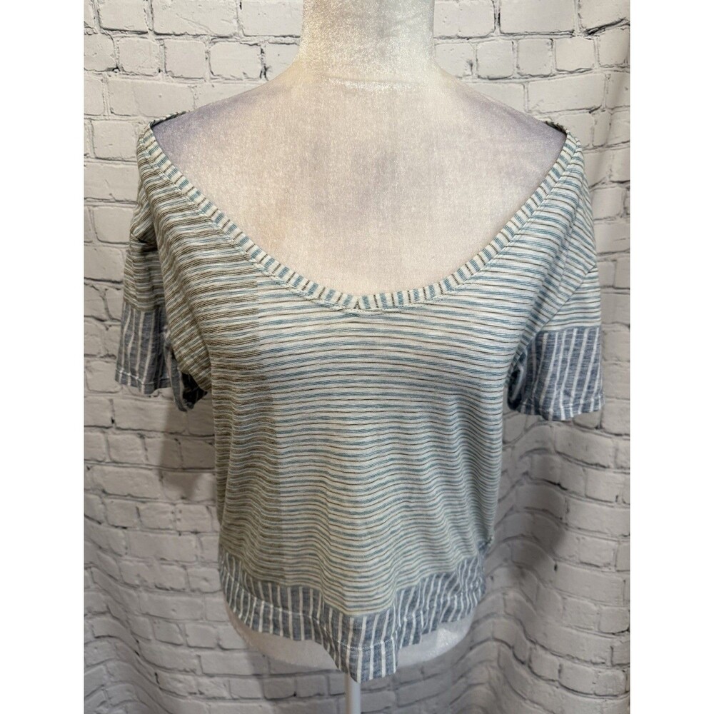 Prana Shirt Women's Striped V-Neck Relaxed Fit Turnback Hem Boho Blue Medium